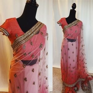 Light Pink to Salmon Shaded Saree in Net